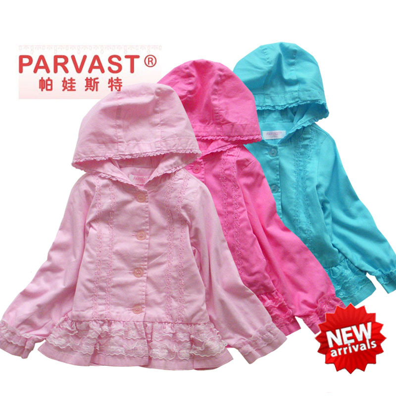 2013 spring and autumn l039 lace decoration female child hooded trench outerwear