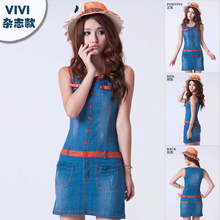 2013 spring and autumn leather bordered sleeveless elastic water wash denim skirt summer one-piece dress skirt