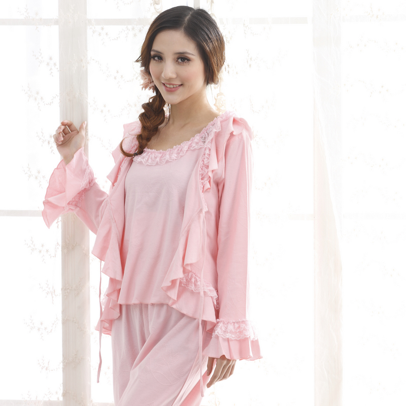 2013 spring and autumn long-sleeve 100% cotton sleepwear women's lace spaghetti strap three pieces set lounge 2708