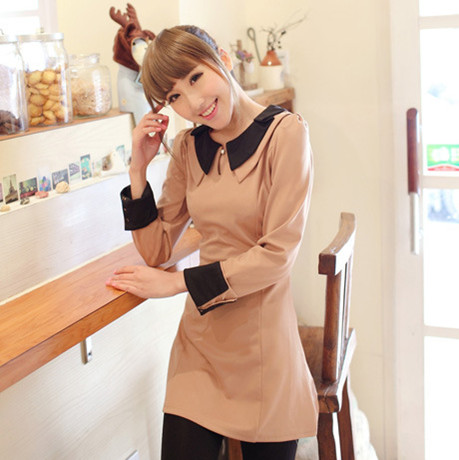 2013 spring and autumn long-sleeve dress plus size sweet cutout faux leather peter pan collar small straight skirt one-piece