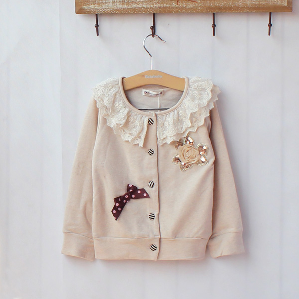 2013 spring and autumn loop pile cotton female child cardigan clothing lace collar long-sleeve sweatshirt outerwear