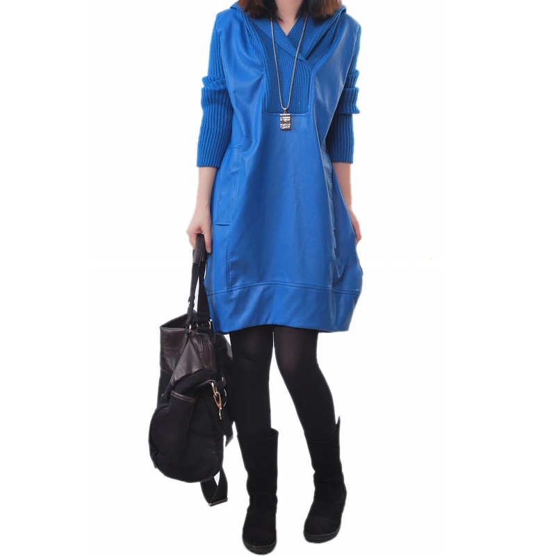 2013 spring and autumn loose plus size with a hood knitted PU patchwork long design one-piece dress leather skirt 2