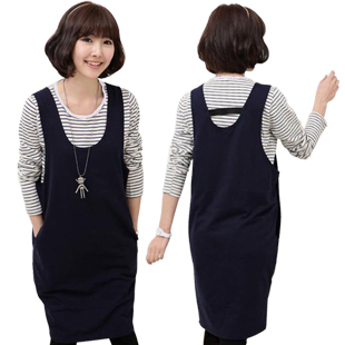 2013 spring and autumn maternity clothing autumn twinset maternity dress stripe basic shirt Dark Blue tank dress