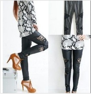 2013   spring and autumn matt faux leather legging triangle patchwork lace ankle length trousers boot cut jeans novelty