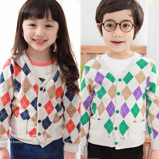2013 spring and autumn multicolour rhombus child baby boys clothing female child cardigan 5115