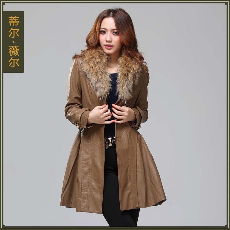 2013 spring and autumn new arrival leather overcoat outerwear autumn casual slim leather fur collar overcoat 99186