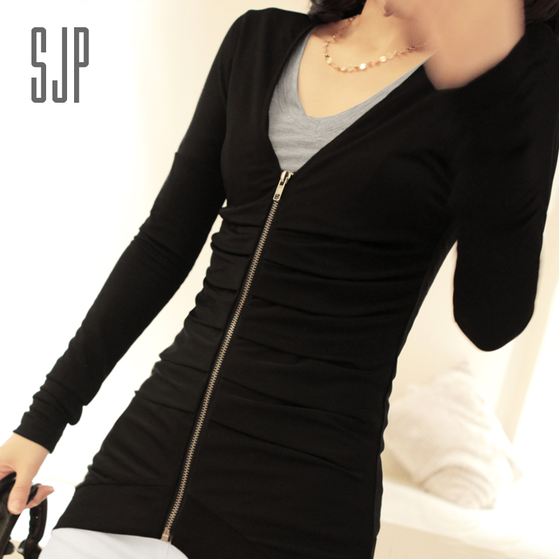 2013 spring and autumn new arrival women's fashion casual V-neck long-sleeve slim hip black medium-long outerwear