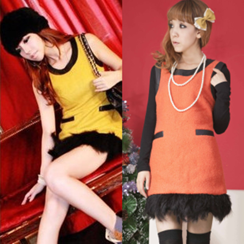 2013 spring and autumn new arrival women's feather skirt orange woolen leather slim tank dress one-piece dress free shipping