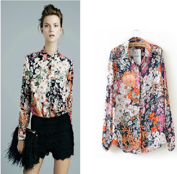 2013 Spring And Autumn New European And American Retro Floral Long-Sleeved Chiffon Casual Shirts