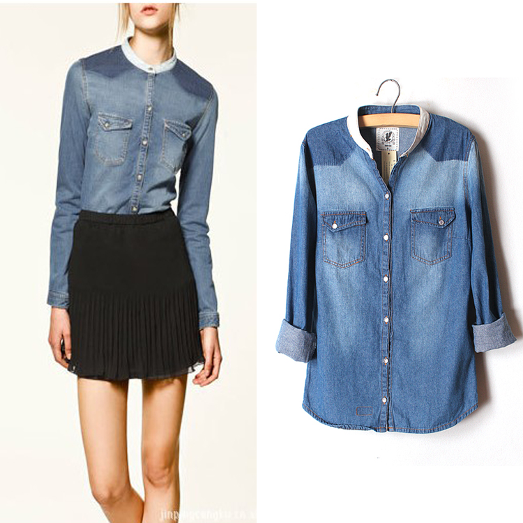 2013 Spring And Autumn New European And American Wild Fashion Casual Stand-collar Fake Supplement Long-sleeved Denim Shirt