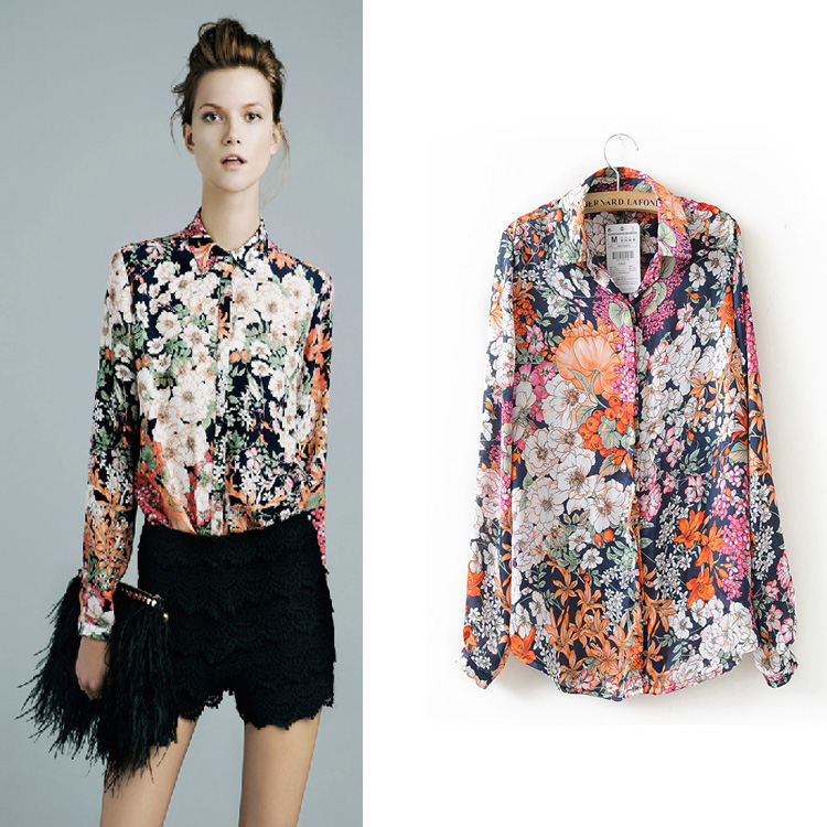 2013 Spring and Autumn New Fashion European Style Retro Vintage Flower Long-Sleeve Chiffon Casual Shirt cy-068