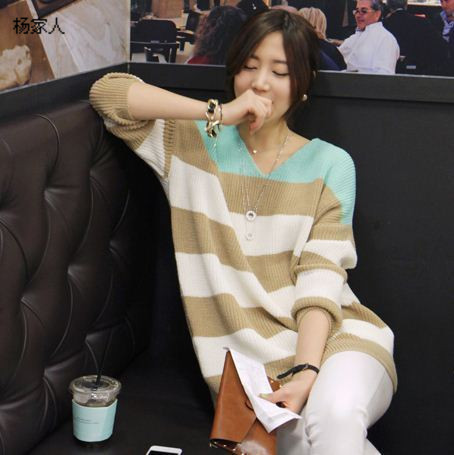 2013 spring and autumn new style fashion multicolour color block decoration wide stripe women's coarse knitted slim hip sweater