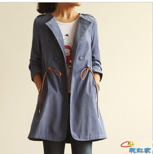 2013 spring and autumn o-neck double breasted drawstring female leather goatswool trench outerwear