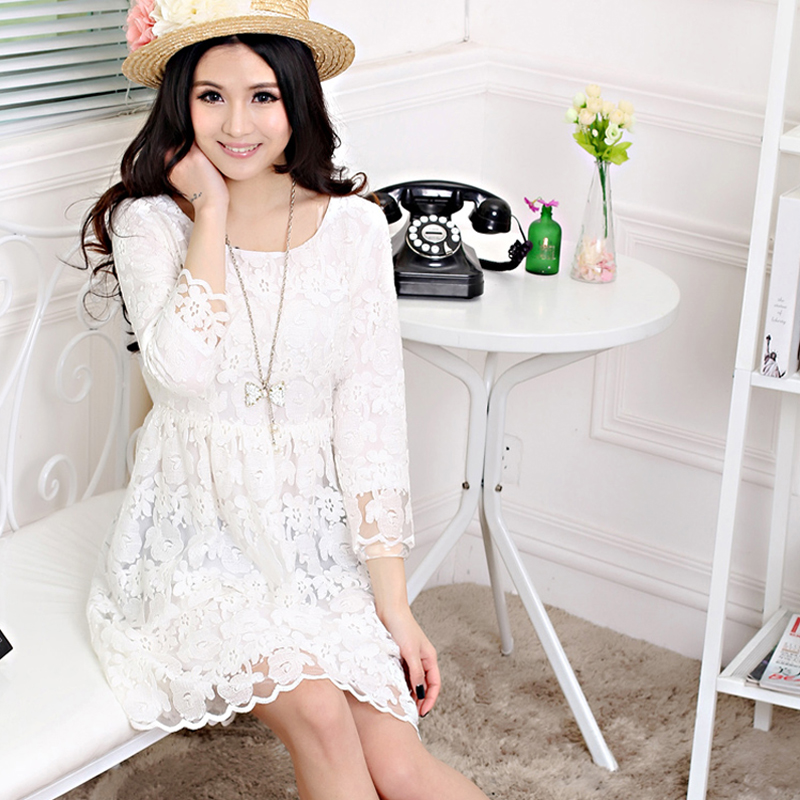 2013 spring and autumn one-piece dress lace sweet o-neck solid color three quarter sleeve princess dress clothes