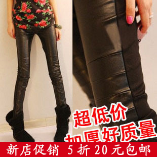 2013 spring and autumn pencil PU pants faux leather patchwork boot cut jeans slim basic trousers