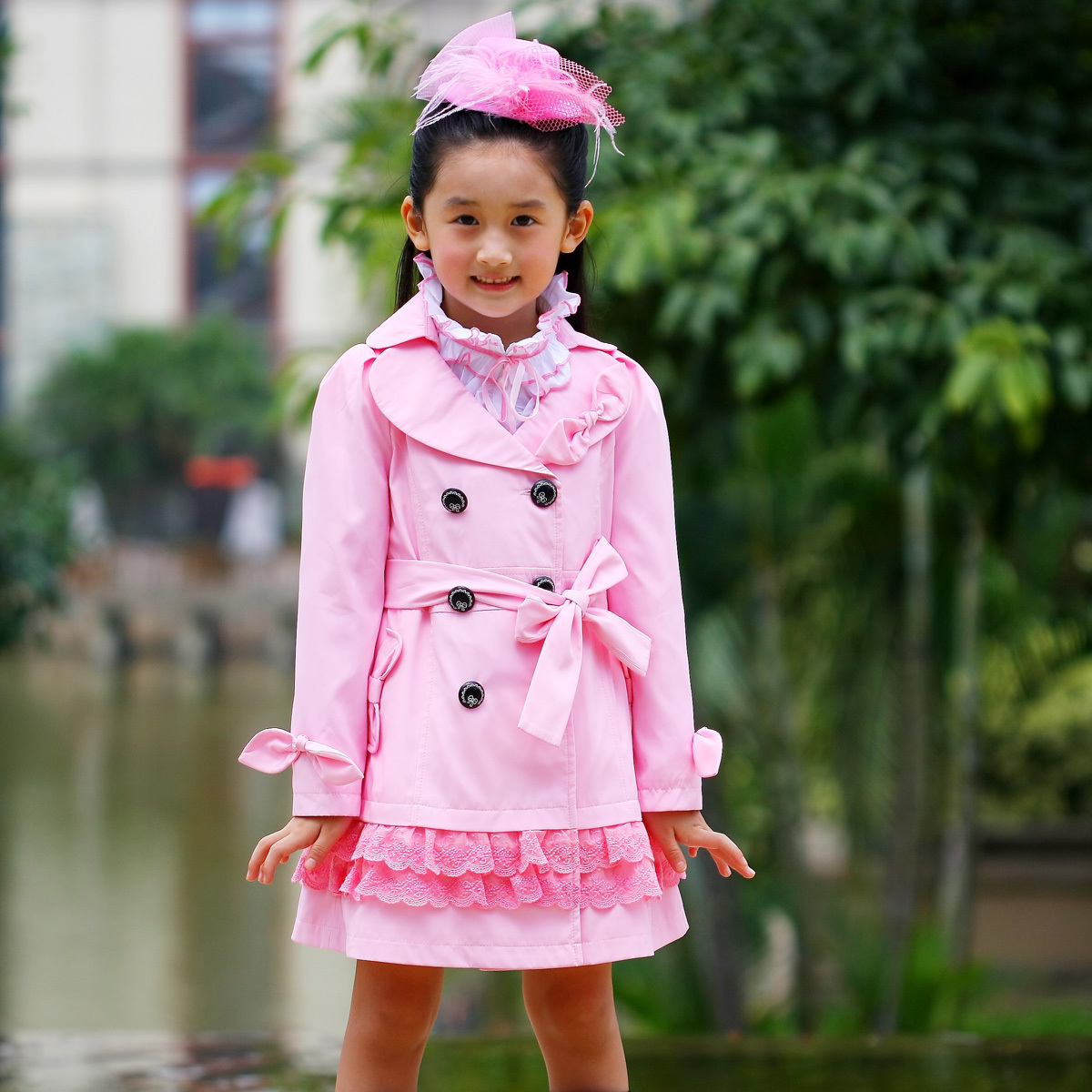 2013 spring and autumn pink double breasted suit collar female child trench child girl outerwear child