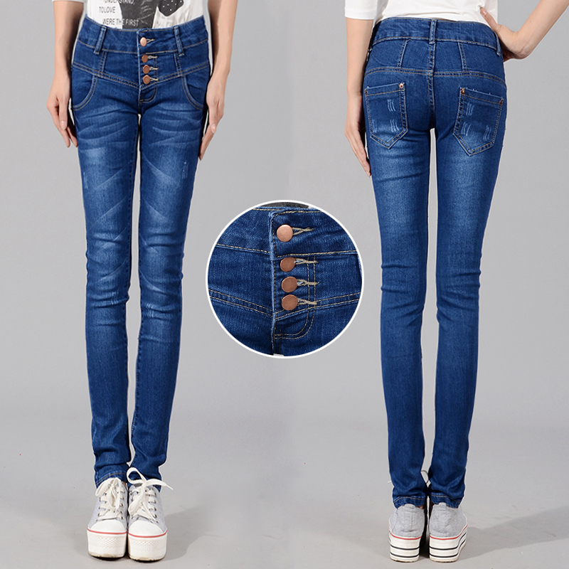 2013 spring and autumn plus size high waist jeans female pants skinny denim buttons trousers