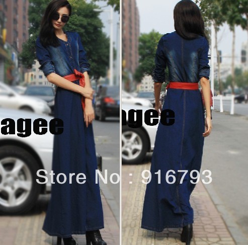 2013 Spring And Autumn Slim Waist Epaulette Ultra Long Dress  Fashion Street Denim women's Dress Free Shippng Hot Sales