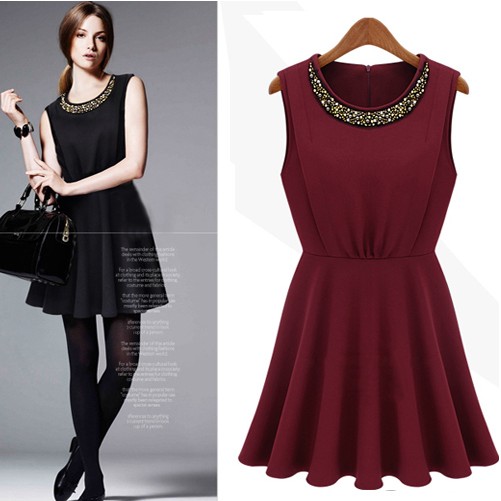 2013 spring and autumn solid color handmade beaded sleeveless vest one-piece dress slim waist basic one-piece dress 8917