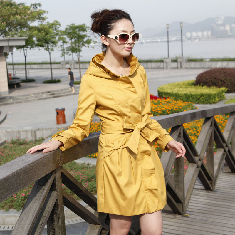 2013 spring and autumn women's bow ruffle hem hooded medium-long trench 100% cotton slim outerwear