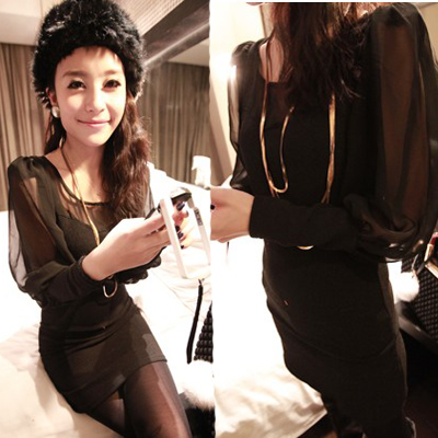 2013 spring and autumn women's chiffon patchwork slim hip sexy slim long-sleeve basic one-piece dress