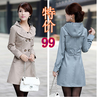 2013 spring and autumn women's double breasted hooded slim medium-long women's trench outerwear female