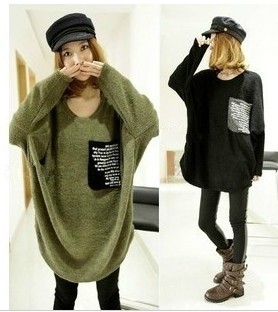2013 spring and autumn women's mix match loose personalized large pocket letter batwing sweater shirt
