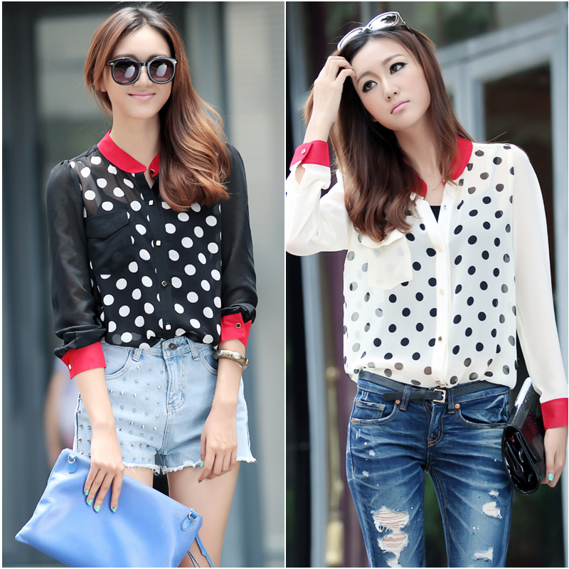 2013 spring and autumn women's shirt all-match polka dot patchwork color block women's long-sleeve shirt chiffon shirt female