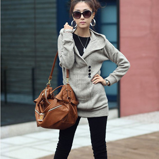 2013 spring and autumn women's slim hip with a hood long-sleeve fleece medium-long knitted sweater free shipping