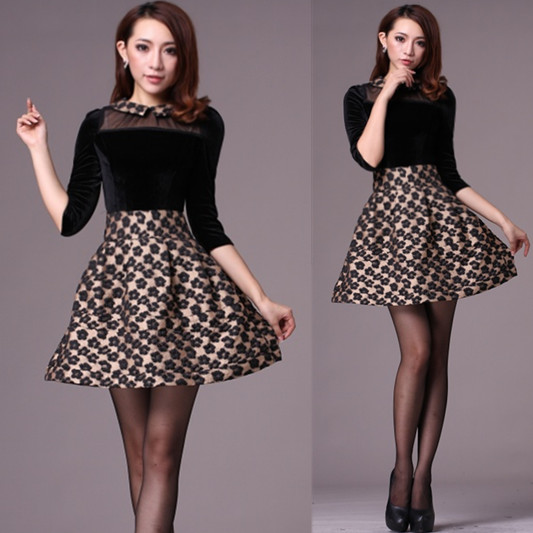 2013 spring and autumn women's velvet short design puff skirt lantern skirt waist half sleeve one-piece dress formal dress