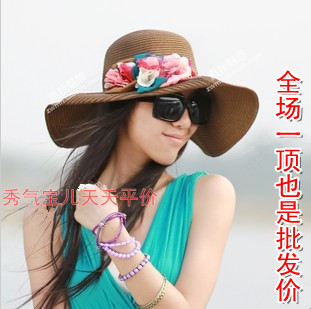 2013 spring and summer bohemia multicolour flower quality large brim strawhat sun-shading hat female beach cap
