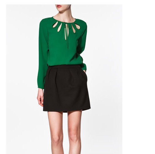 2013 spring and summer chiffon dress chest pierced pure color long sleeve shirt