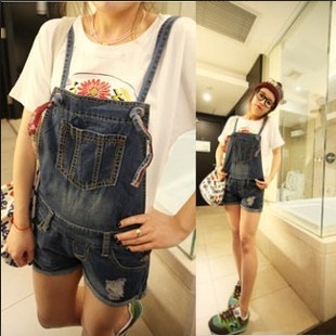 2013 spring and summer denim bib pants female loose jumpsuit suspenders shorts female plus size