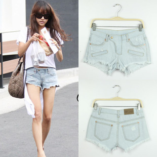 2013 spring and summer denim shorts female distrressed loose female shorts denim