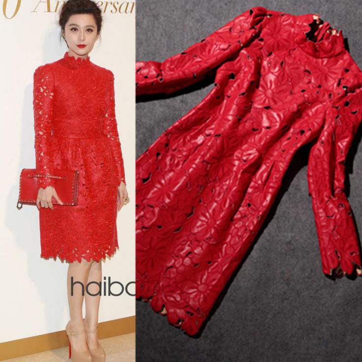 2013 spring and summer fashion embroidered leather cutout slim waist one-piece dress