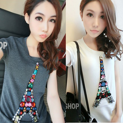 2013 spring and summer fashion gem eiffel tower decoration short-sleeve dress long t-shirt