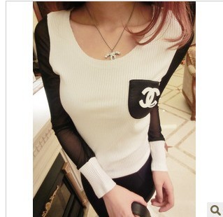2013 spring and summer fashion women's personalized leather pocket brooch gauze long-sleeve basic t-shirt
