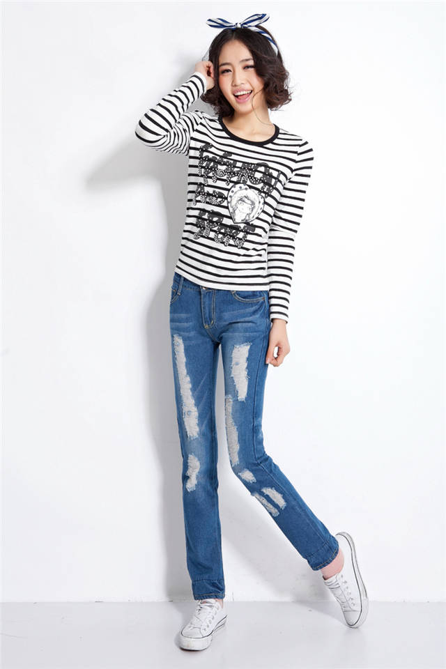 2013 spring and summer hole jeans trousers roll-up hem loose trousers female pants 3008