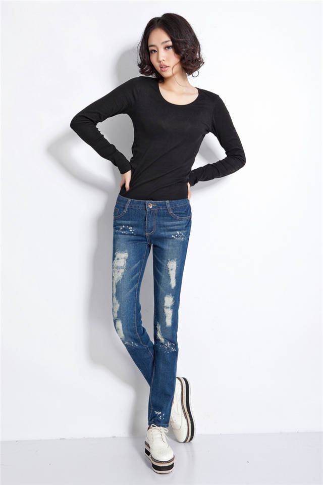 2013 spring and summer inkjet straight pants loose hole female jeans pants 3007
