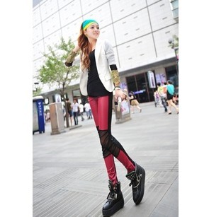 2013 spring and summer knee gauze meat faux leather patchwork sexy legging pants