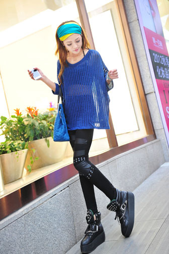 2013 spring and summer knee legging punk rivet faux leather patchwork legging fashion legging