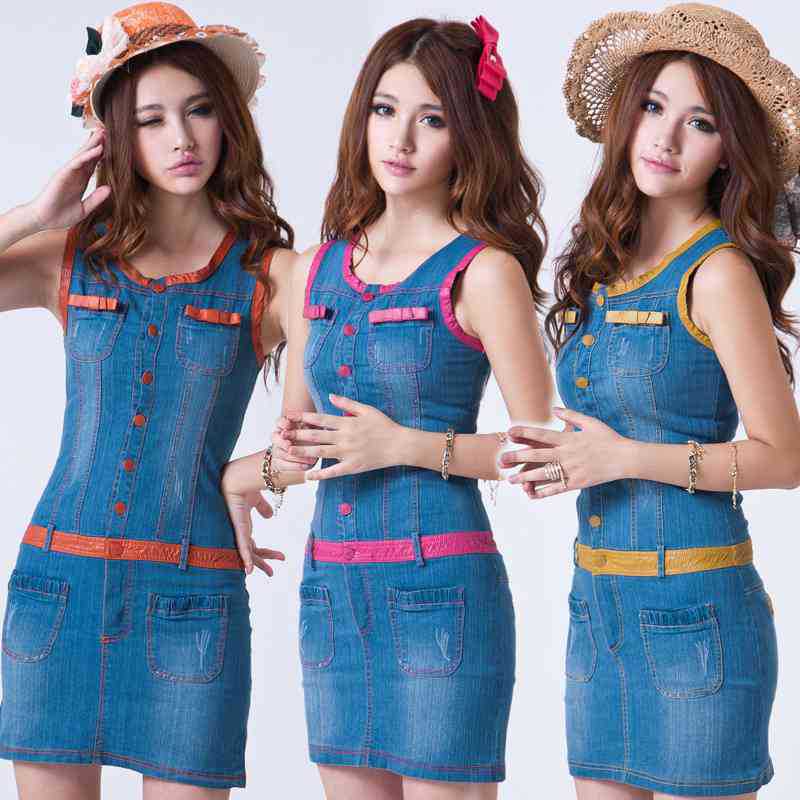 2013 spring and summer leather bordered sleeveless water wash elastic denim one-piece dress