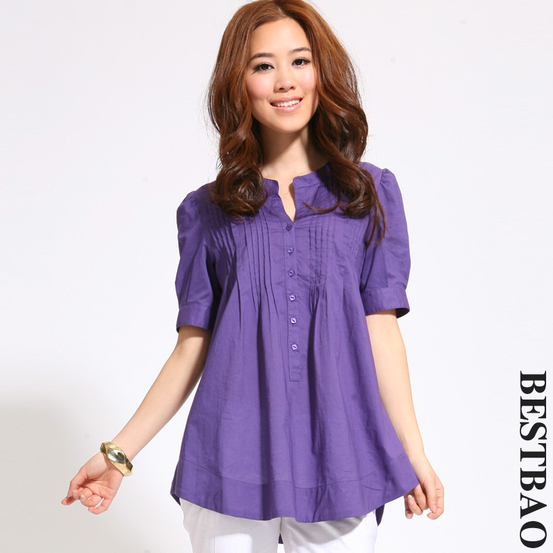 2013 spring and summer loose women's 100% cotton shirt front fly pullover medium-long short-sleeve shirt Free Shipping