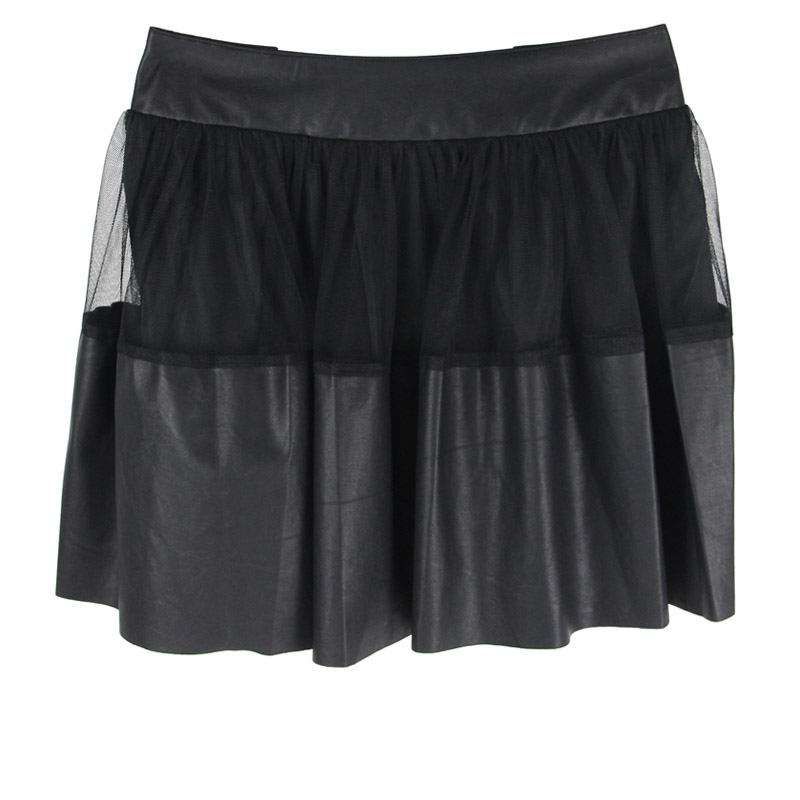 2013 spring and summer new arrival double layer gauze patchwork leather hollow out short skirt