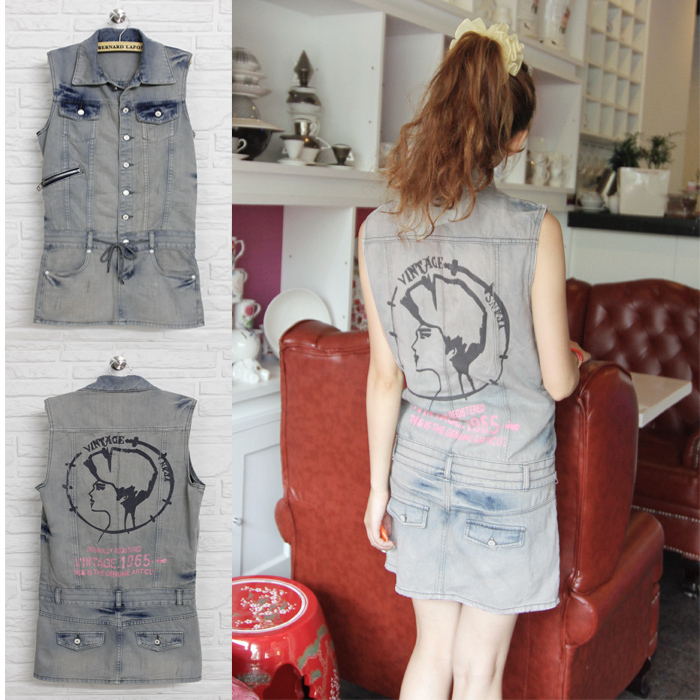 2013 spring and summer new arrival exquisite handmade leather multi-pocket single breasted slim denim cotton one-piece dress