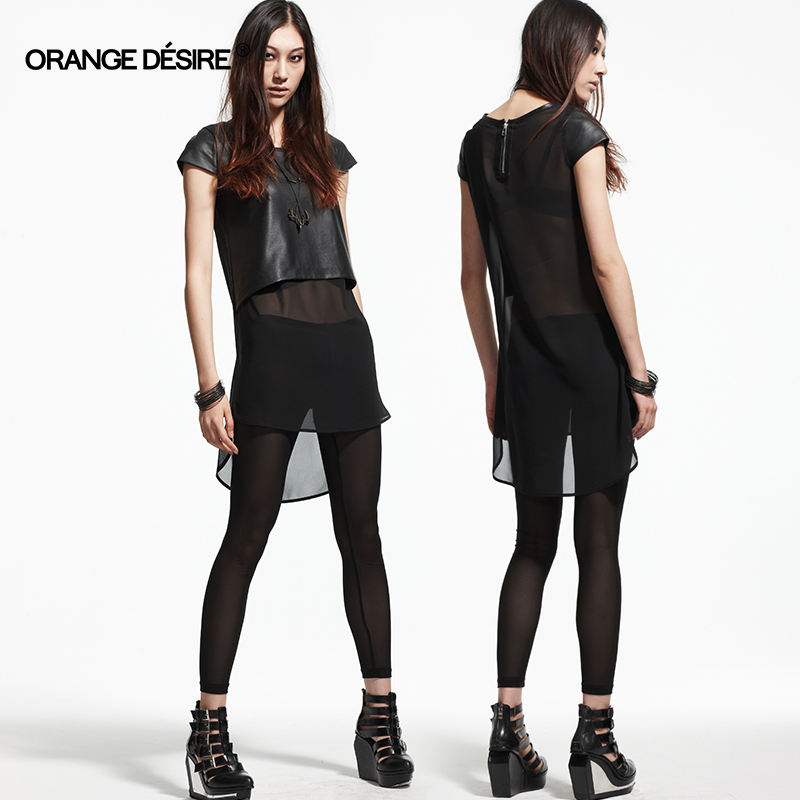 2013 spring and summer new arrival fashion women's PU leather yarn patchwork irregular dovetail one-piece dress