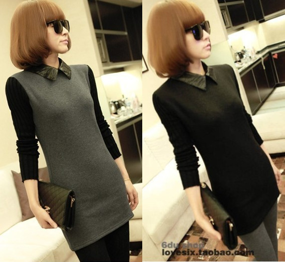 2013 spring and summer new arrival leather all-match plus velvet thickening shirt collar long-sleeve basic one-piece dress