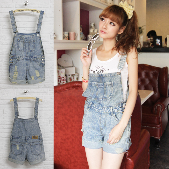 2013 spring and summer new arrival light color roll up pleated hem retro finishing multi-pocket all-match denim suspenders