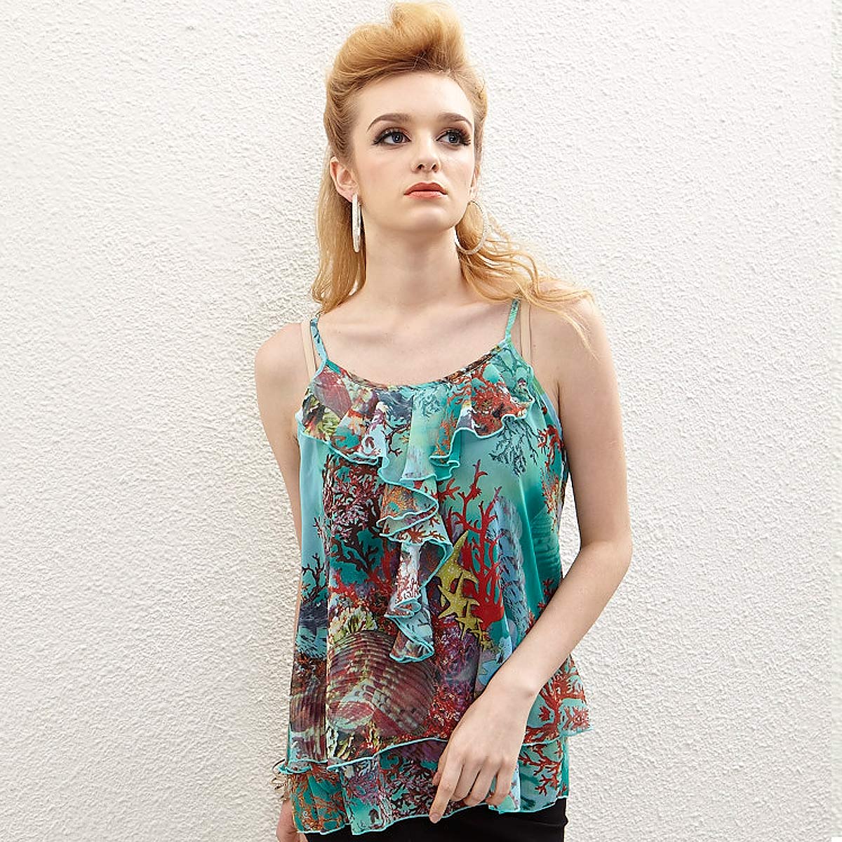 2013 spring and summer new arrival Women chiffon small vest basic print ruffle layered casual female vest