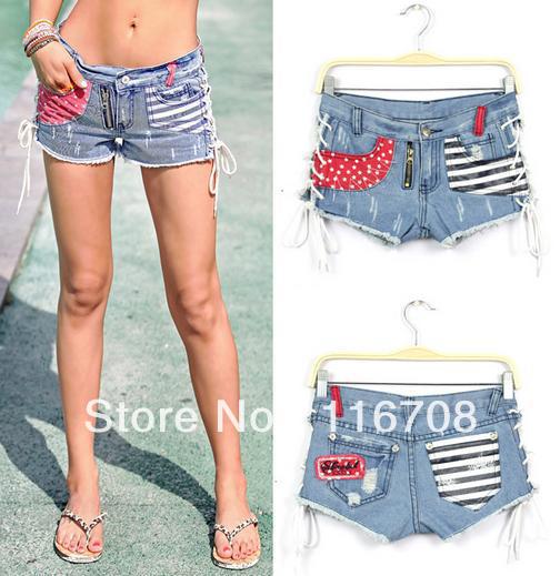 2013 spring and summer new arrival women's five-pointed star stripe bandage sexy slim hip ultra-short denim shorts st-078